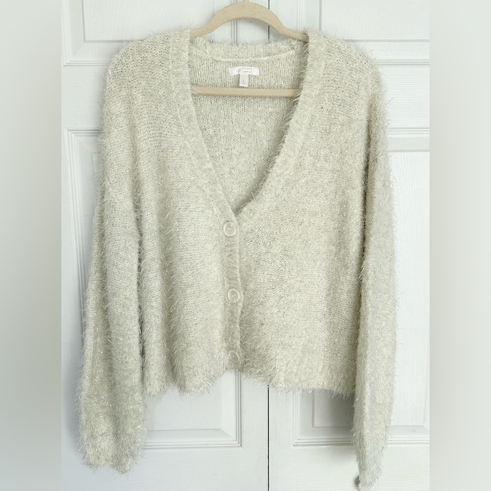 LC Lauren Conrad Eyelash White Silver Accent 3 Button Tinsel Cardigan Sweater-L
